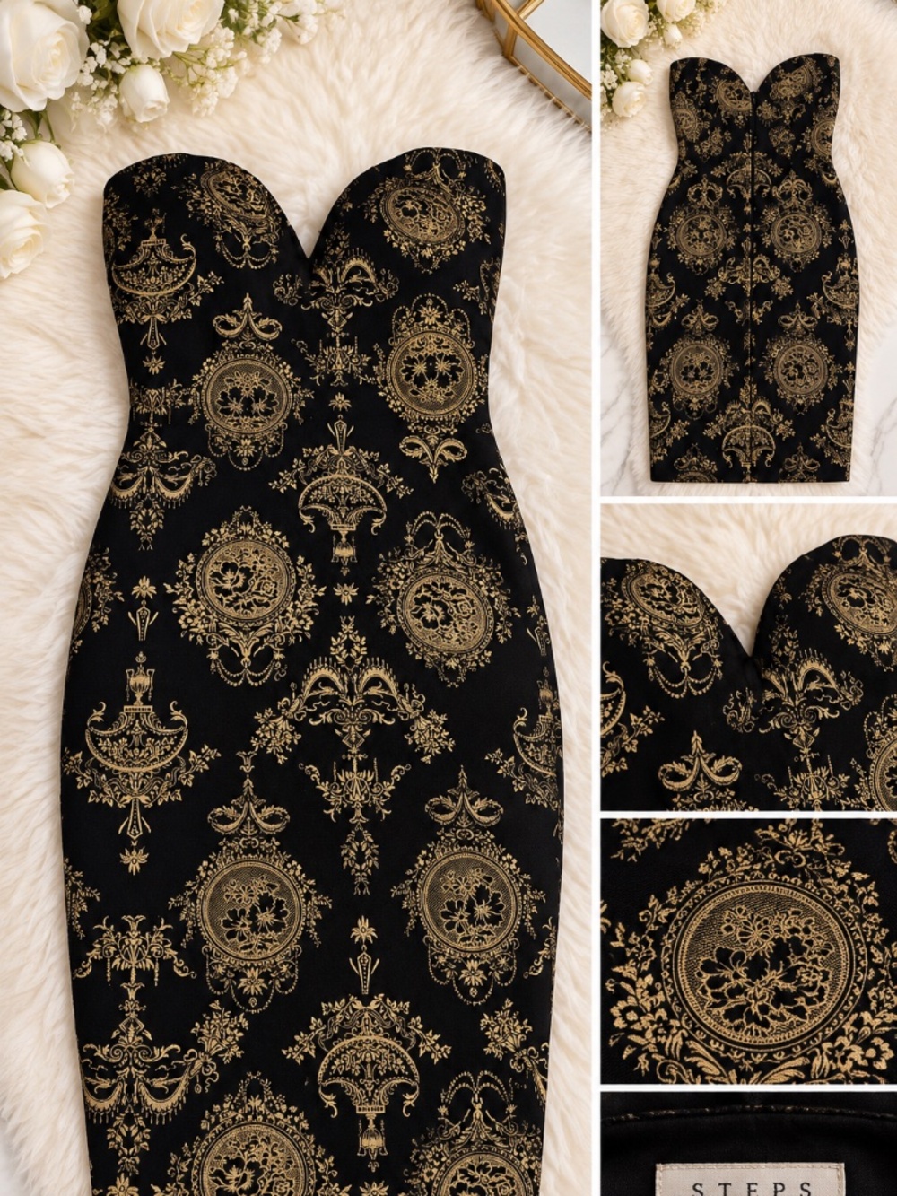Black & Gold  Strapless Bodycon Dress Size Small